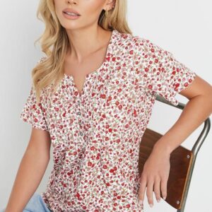 Petite Pink Floral Cotton Short Sleeve Henley Top